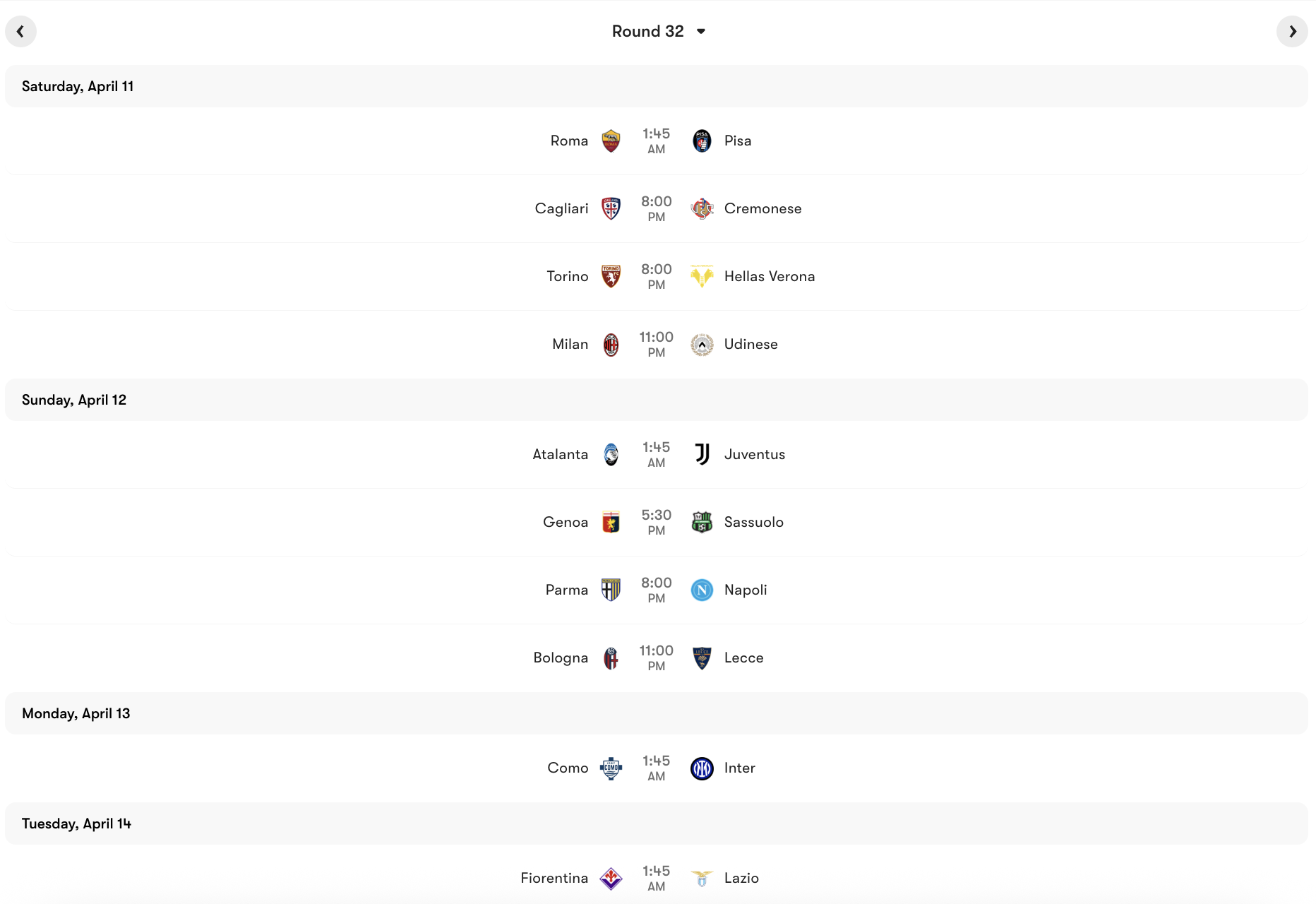 Lịch thi đấu Vòng 32 Serie A 2025/26 | Keolive