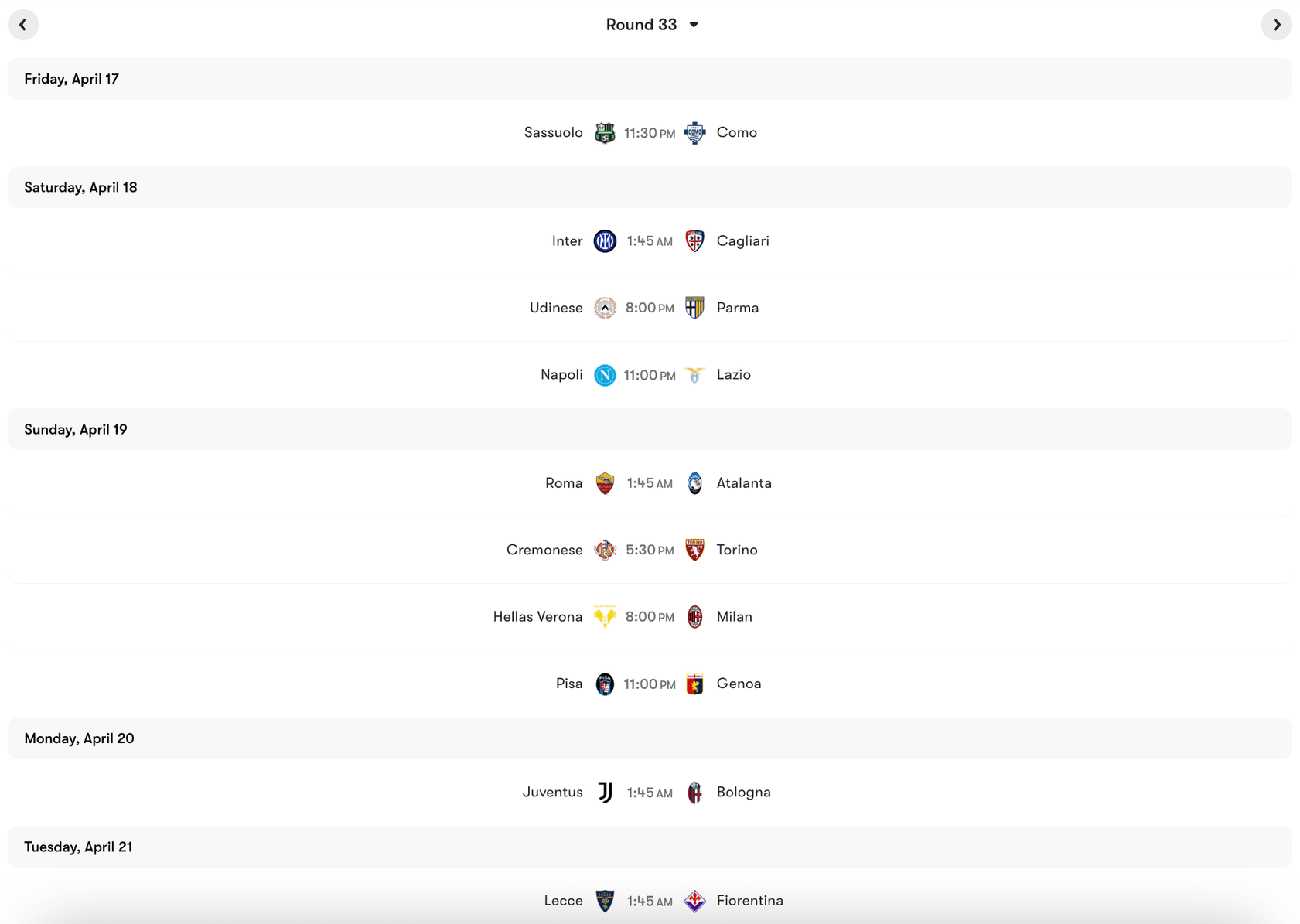 Lịch thi đấu Vòng 33 Serie A 2025/26 | Keolive