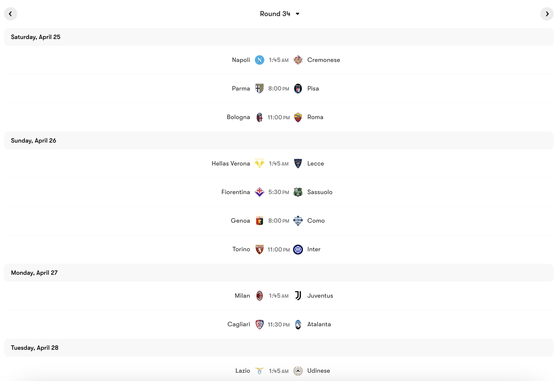 Lịch thi đấu Vòng 34 Serie A 2025/26 | Keolive