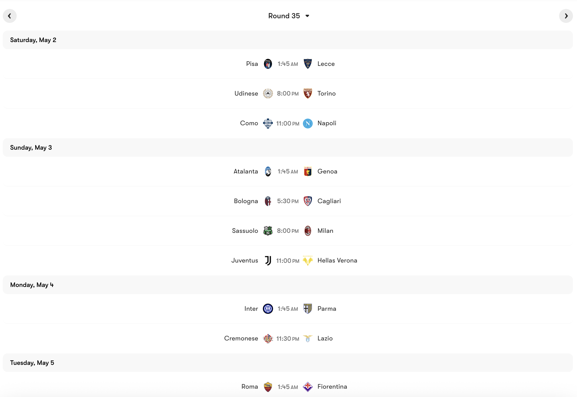 Lịch thi đấu Vòng 35 Serie A 2025/26 | Keolive