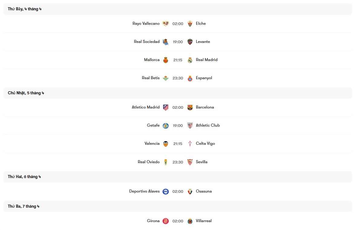 Lịch thi đấu vòng 30 La Liga 2025/26 | Keolive