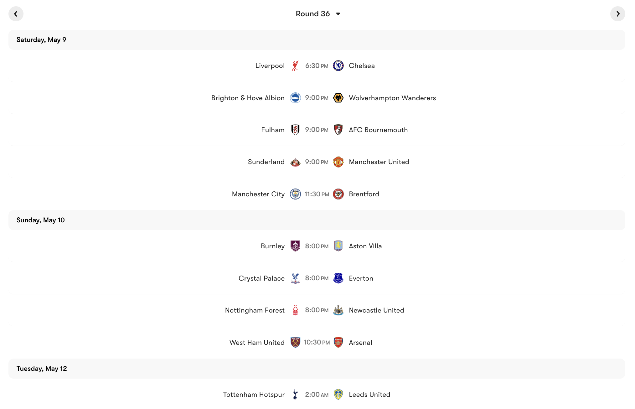 Lịch thi đấu vòng 36 Premier League 2025/26 | Keolive