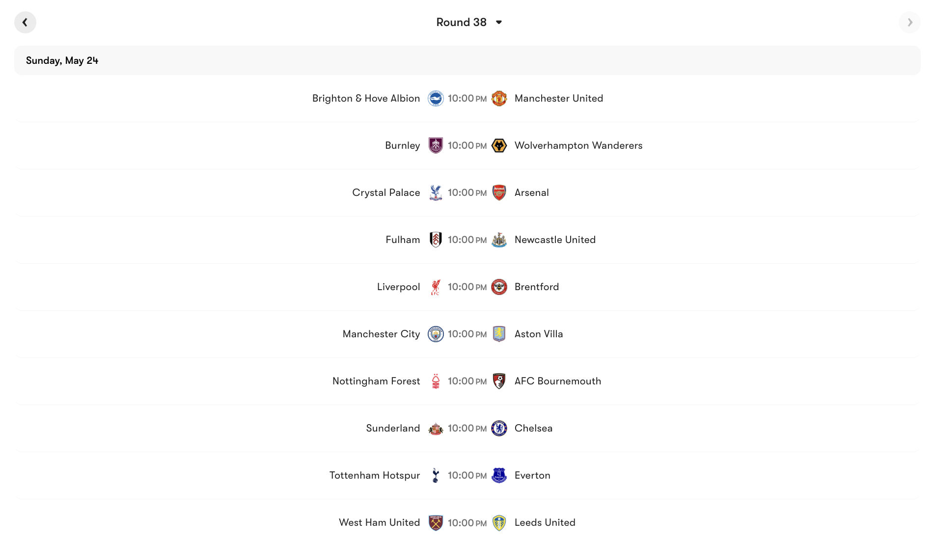 Lịch thi đấu vòng 38 Premier League 2025/26 | Keolive