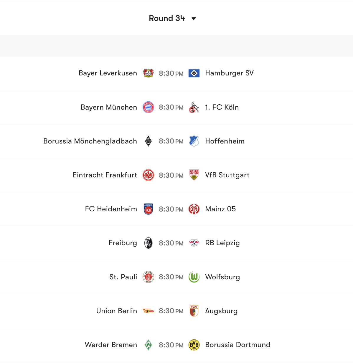 Lịch thi đấu vòng 34 Bundesliga | Keolive