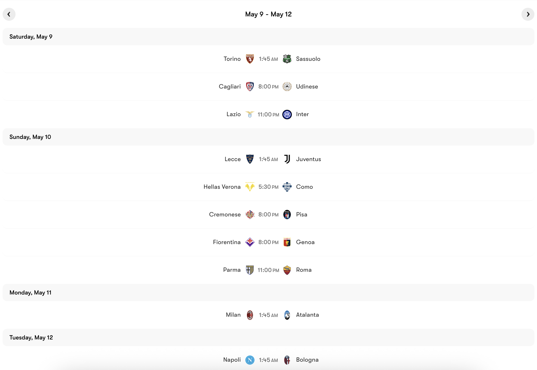Lịch thi đấu Vòng 36 Serie A 2025/26 | Keolive