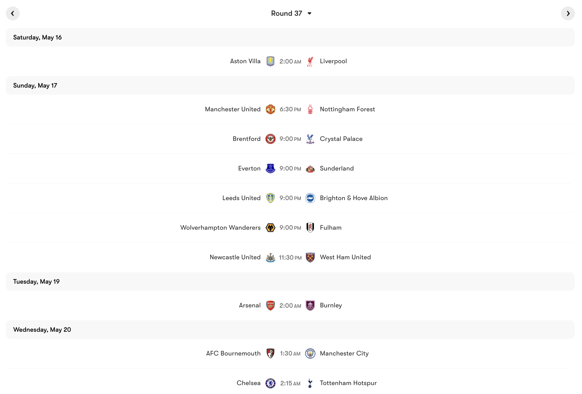 Lịch thi đấu vòng 37 Premier League | Keolive