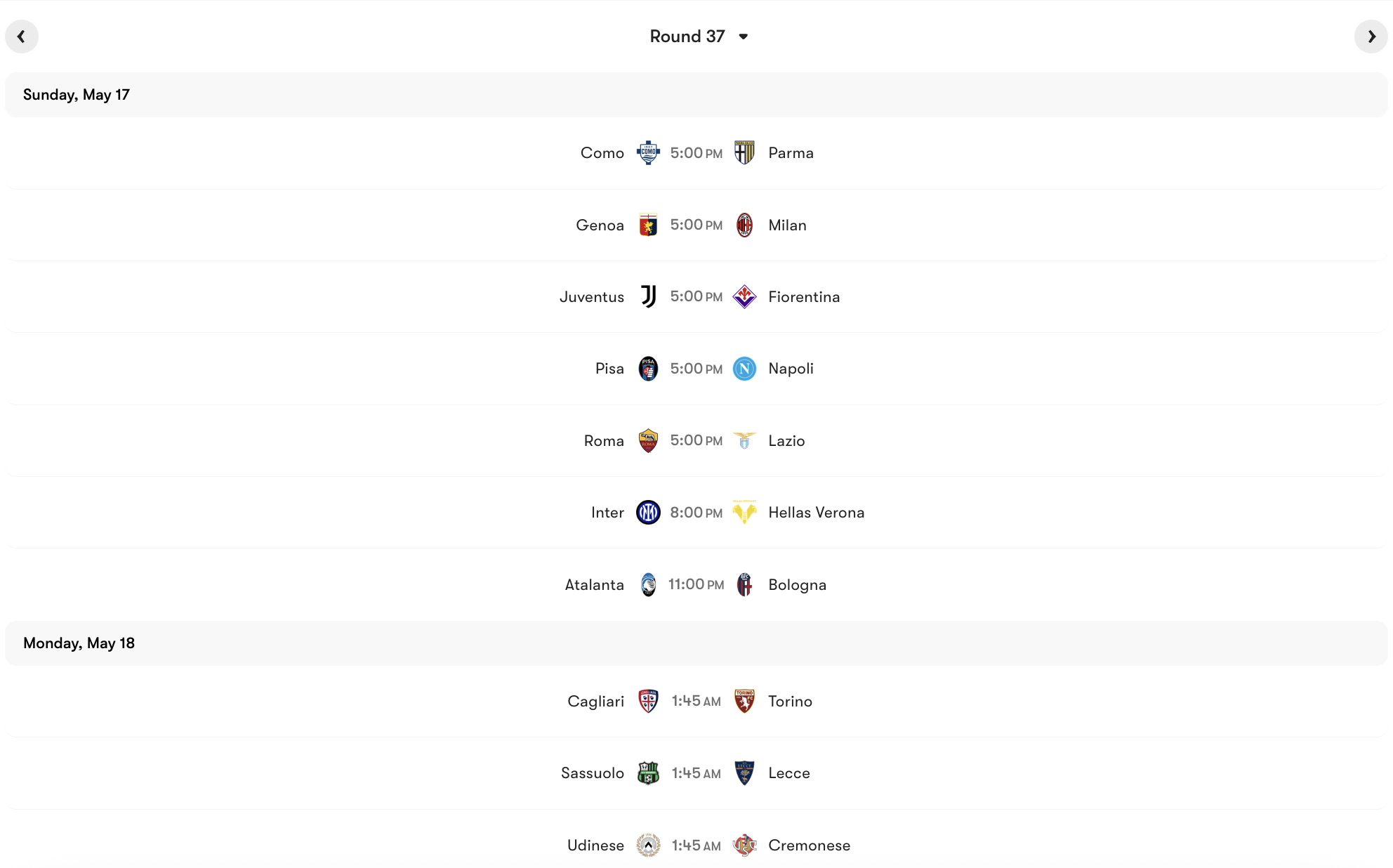 Lịch thi đấu Vòng 37 Serie A 2025/26 | Keolive
