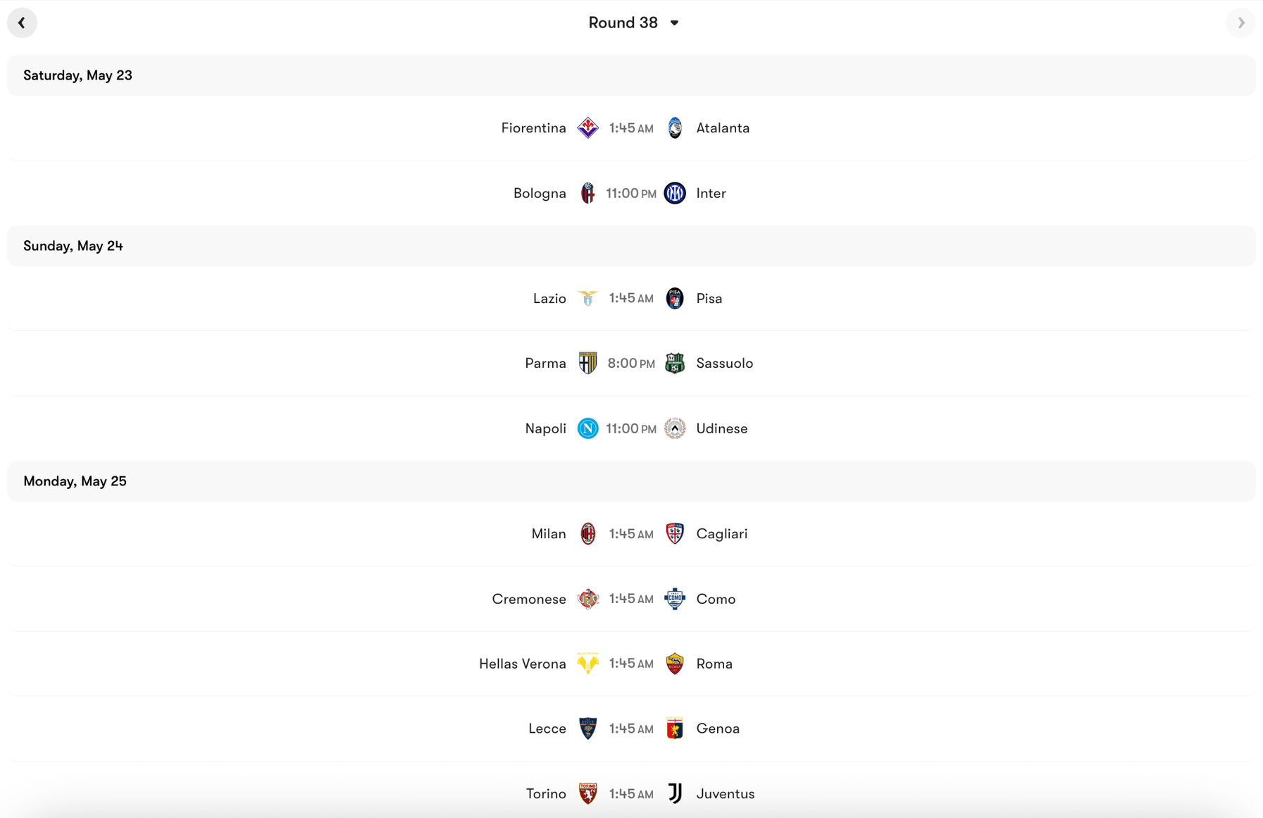 Lịch thi đấu Vòng 38 Serie A 2025/26 | Keolive