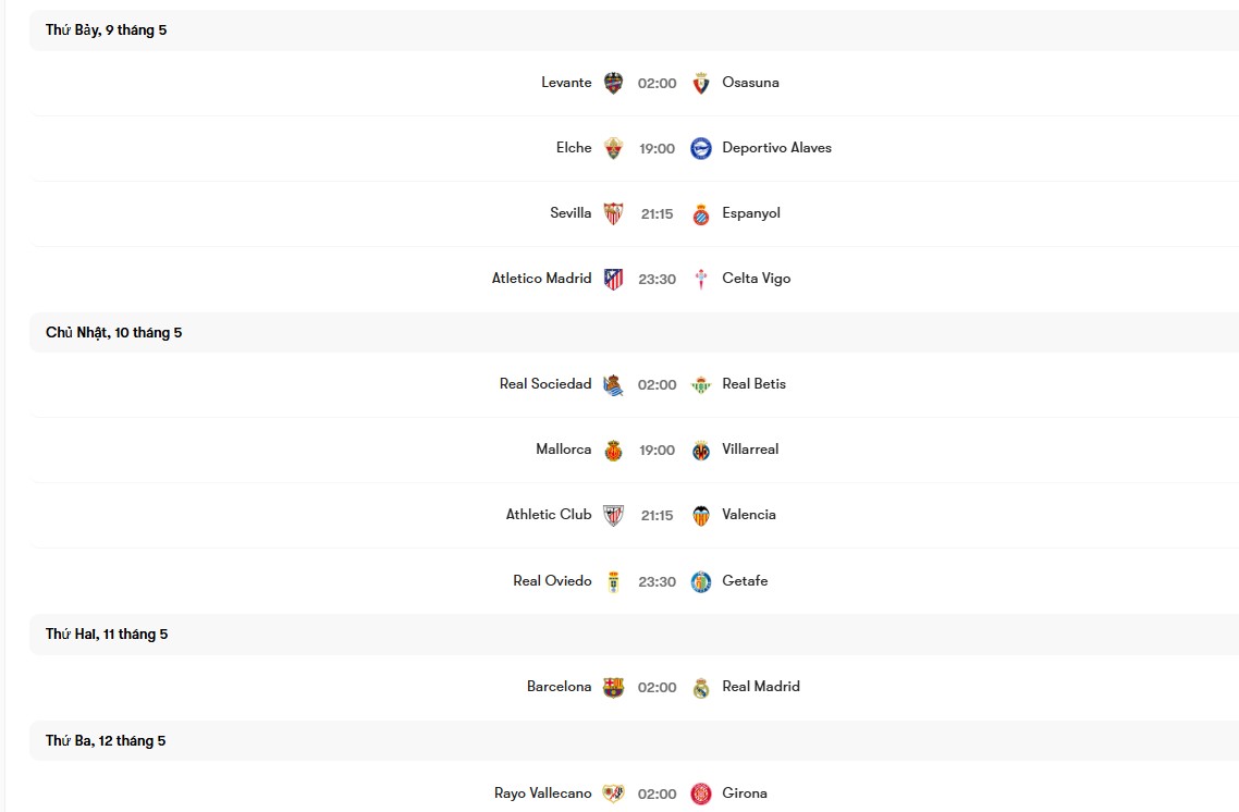 Lịch thi đấu vòng 35 La Liga 2025/26 | Keolive