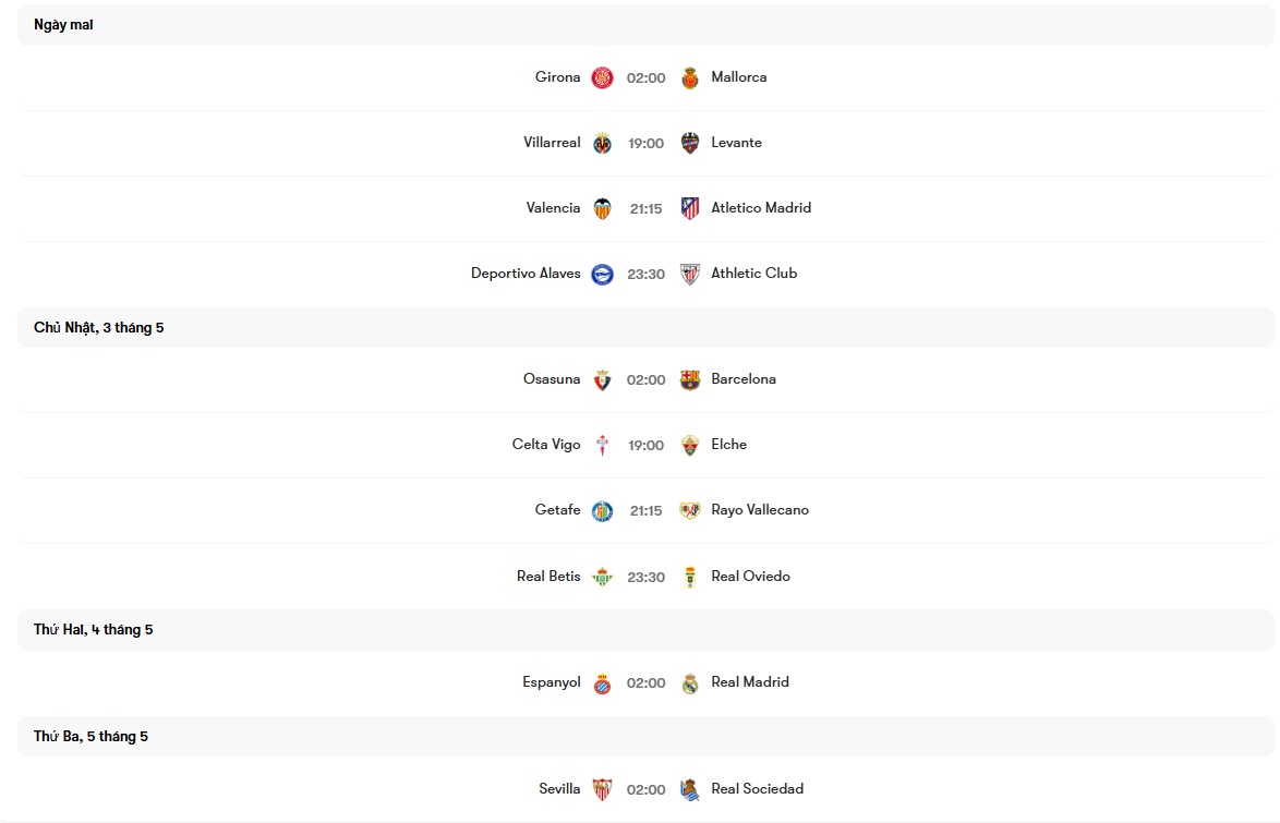 Lịch thi đấu vòng 34 La Liga 2025/26 | Keolive
