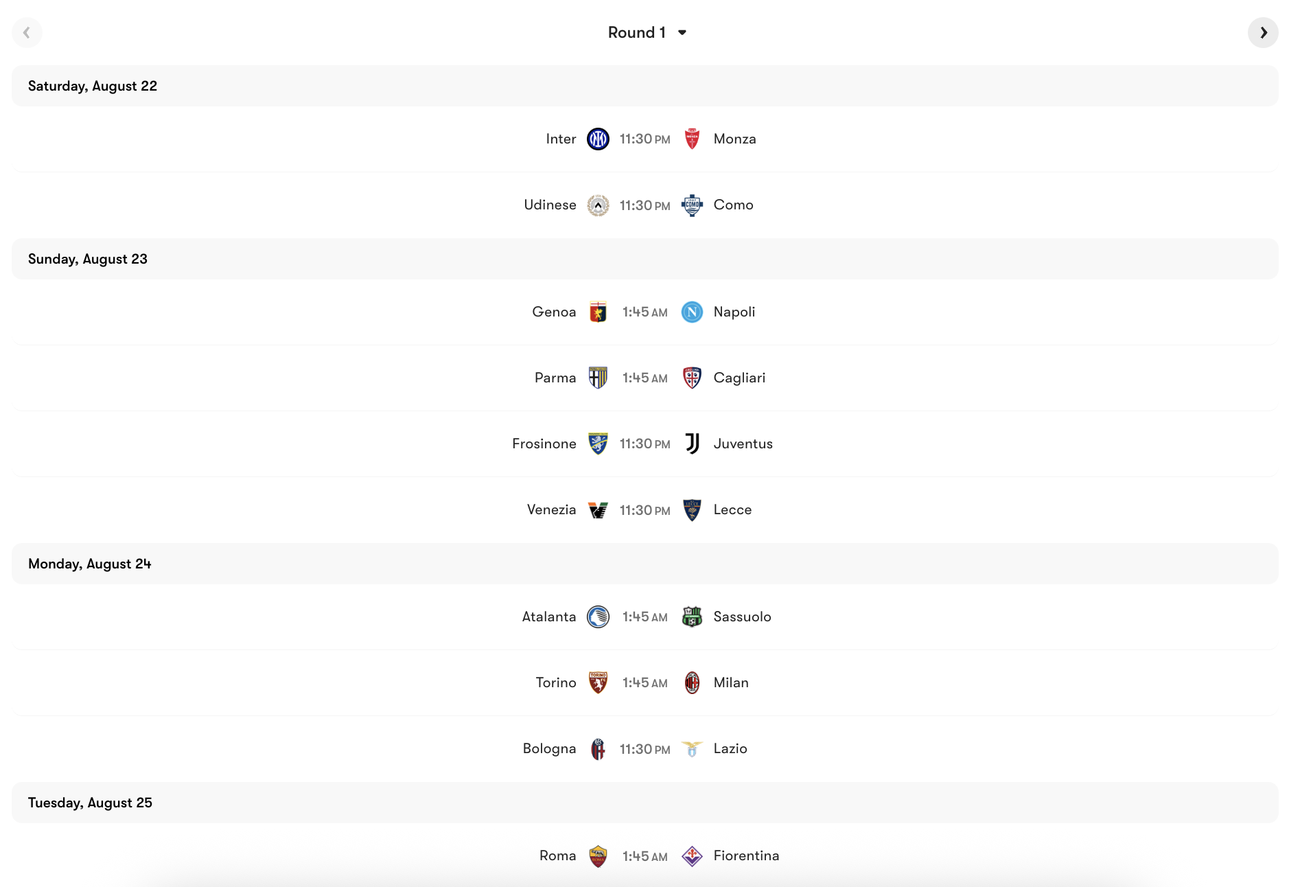 Lịch thi đấu Vòng 1 Serie A 2026/27. | Keolive