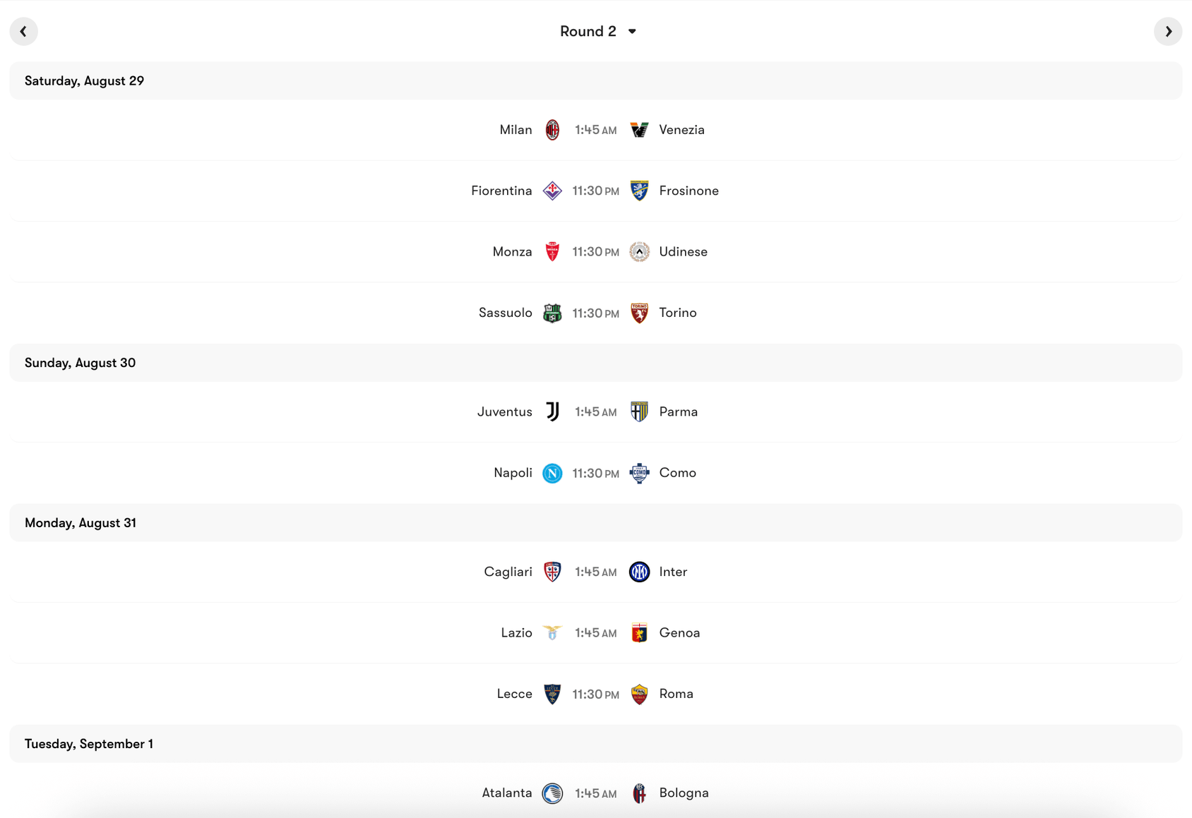 Lịch thi đấu Vòng 2 Serie A 2026/27 | Keolive