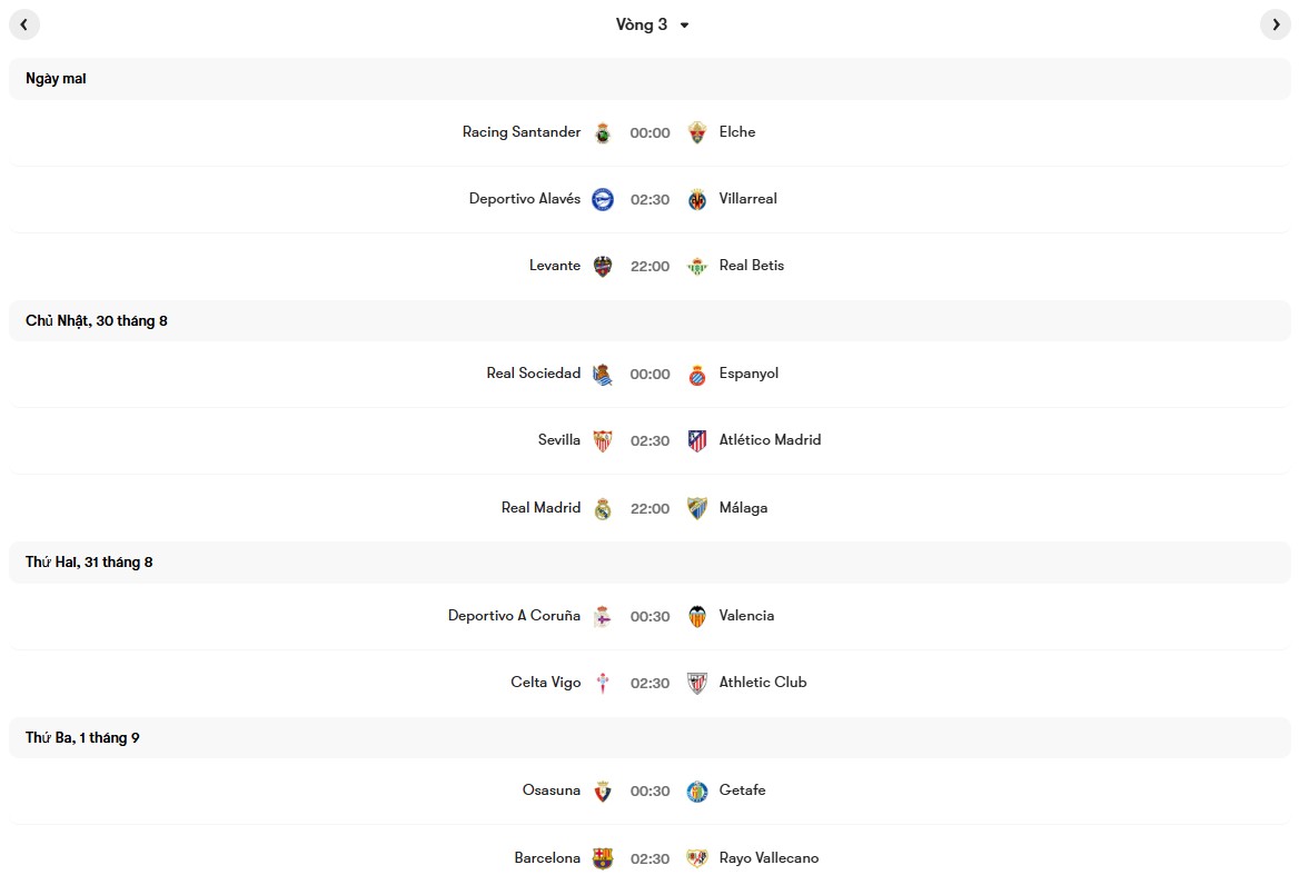 Lịch thi đấu vòng 3 La Liga 2026/27 | Keolive