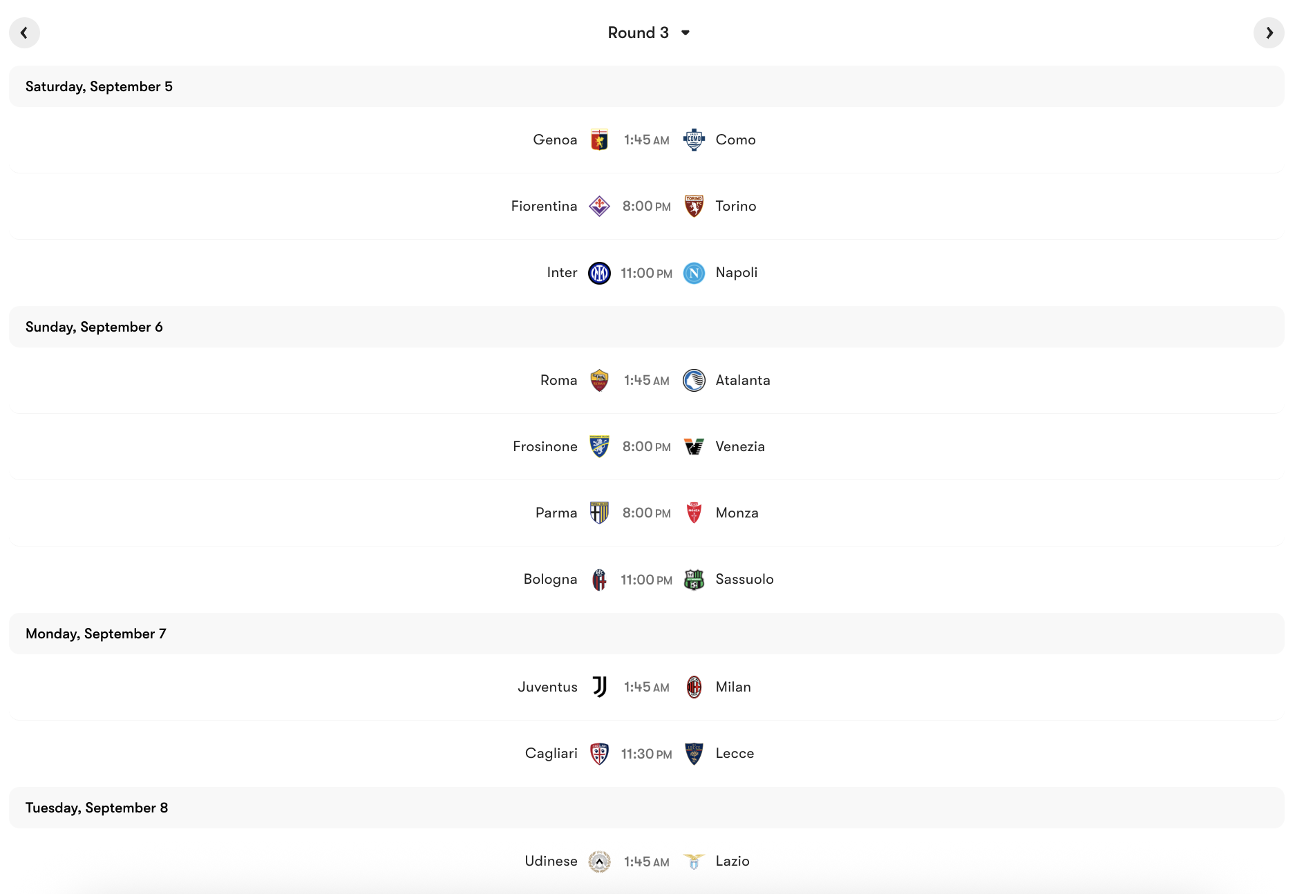 Lịch thi đấu vòng 3 Serie A 2026/27 | Keolive