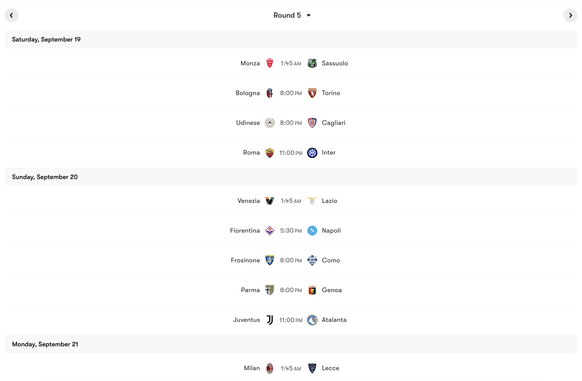 Lịch thi đấu Vòng 5 Serie A 2026/27. | Keolive