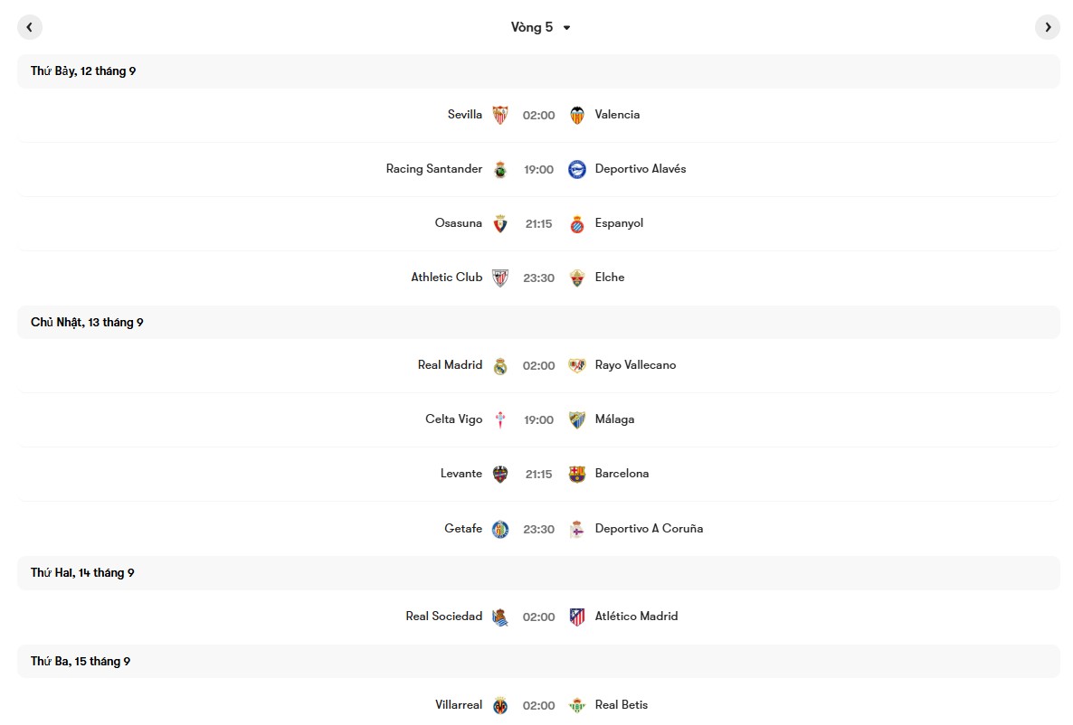 Lịch thi đấu vòng 5 La Liga 2026/27 | Keolive