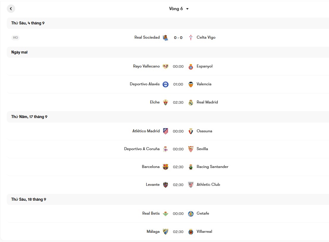 Lịch thi đấu vòng 6 La Liga 2026/27 | Keolive