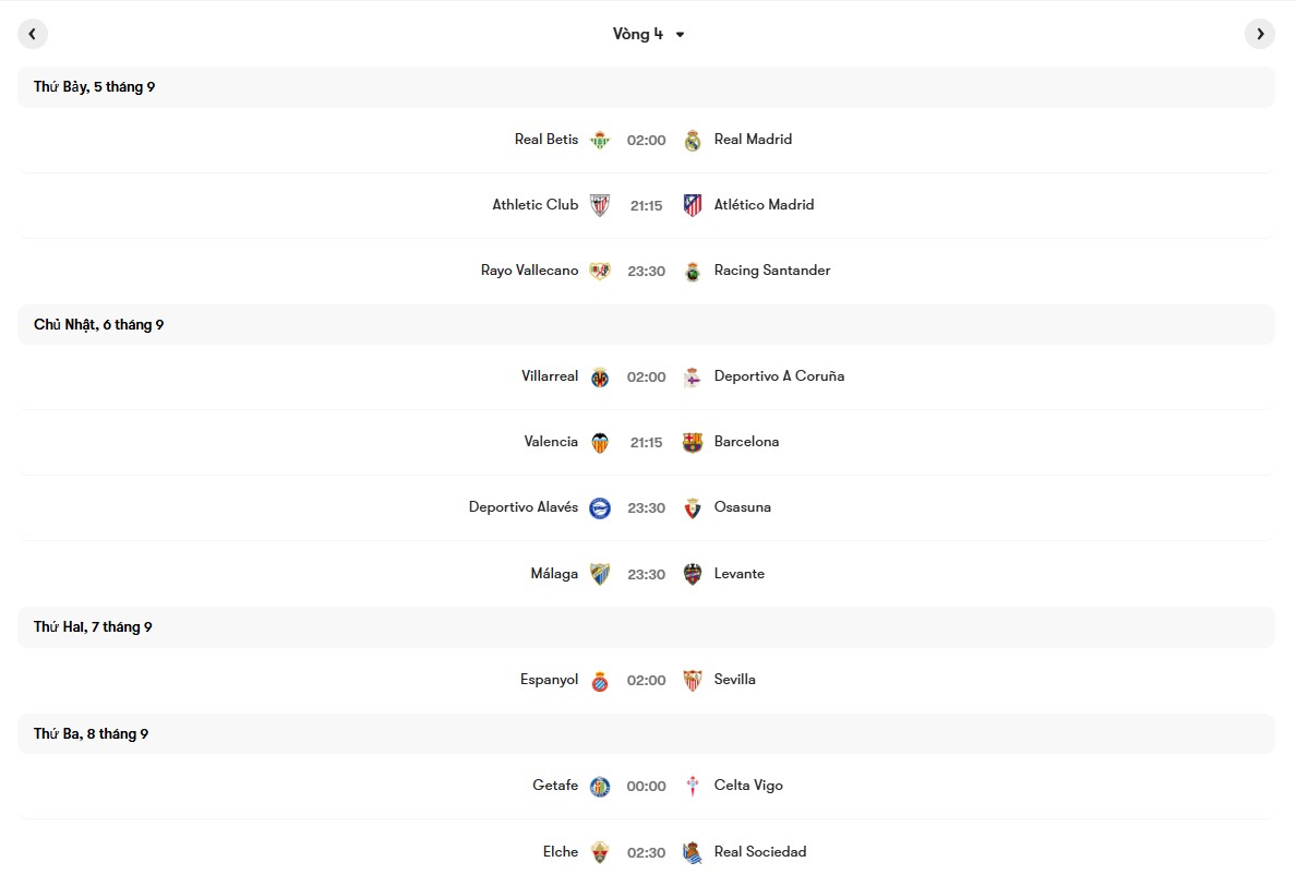 Lịch thi đấu vòng 4 La Liga 2026/27 | Keolive