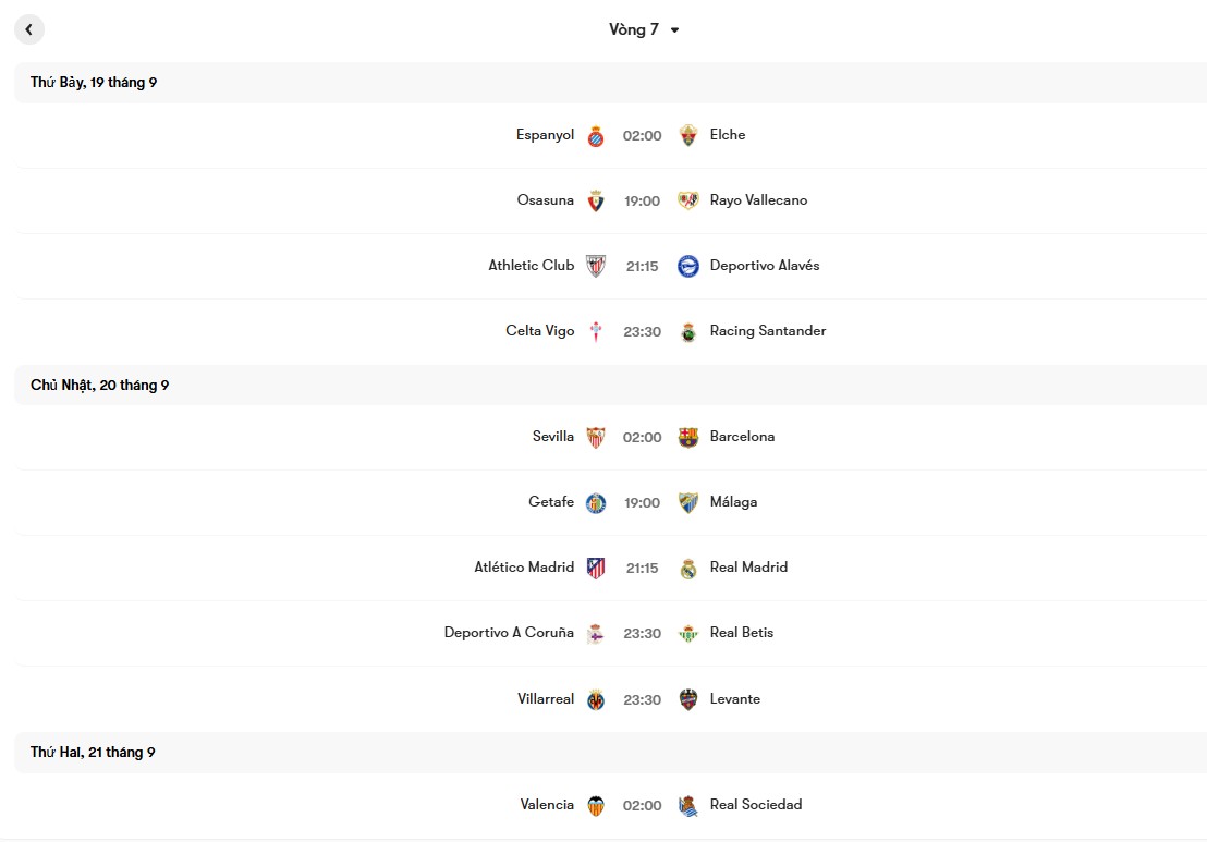 Lịch thi đấu vòng 7 La Liga 2026/27 | Keolive