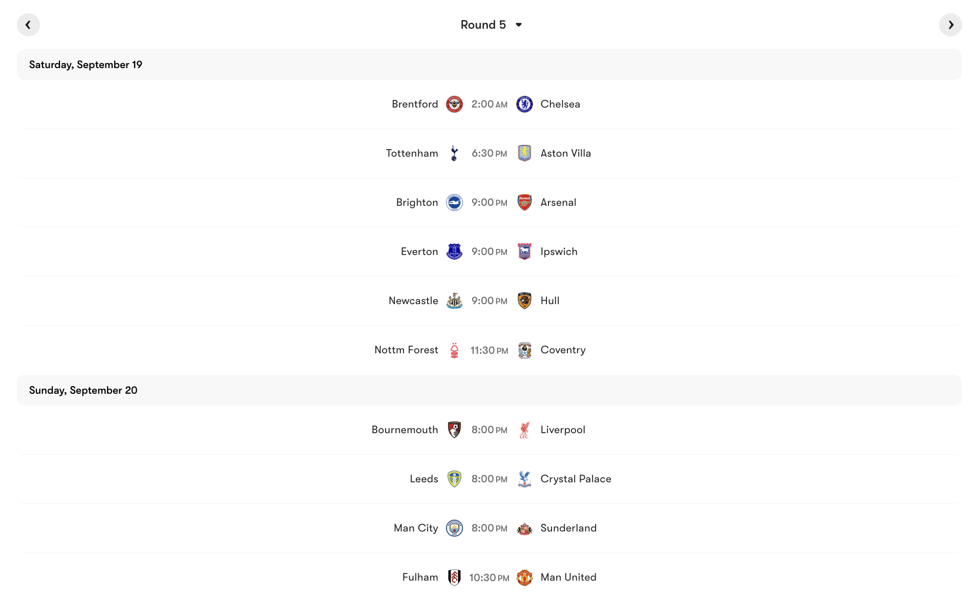 Lịch thi đấu vòng 5 Premier League 2026/27 | Keolive