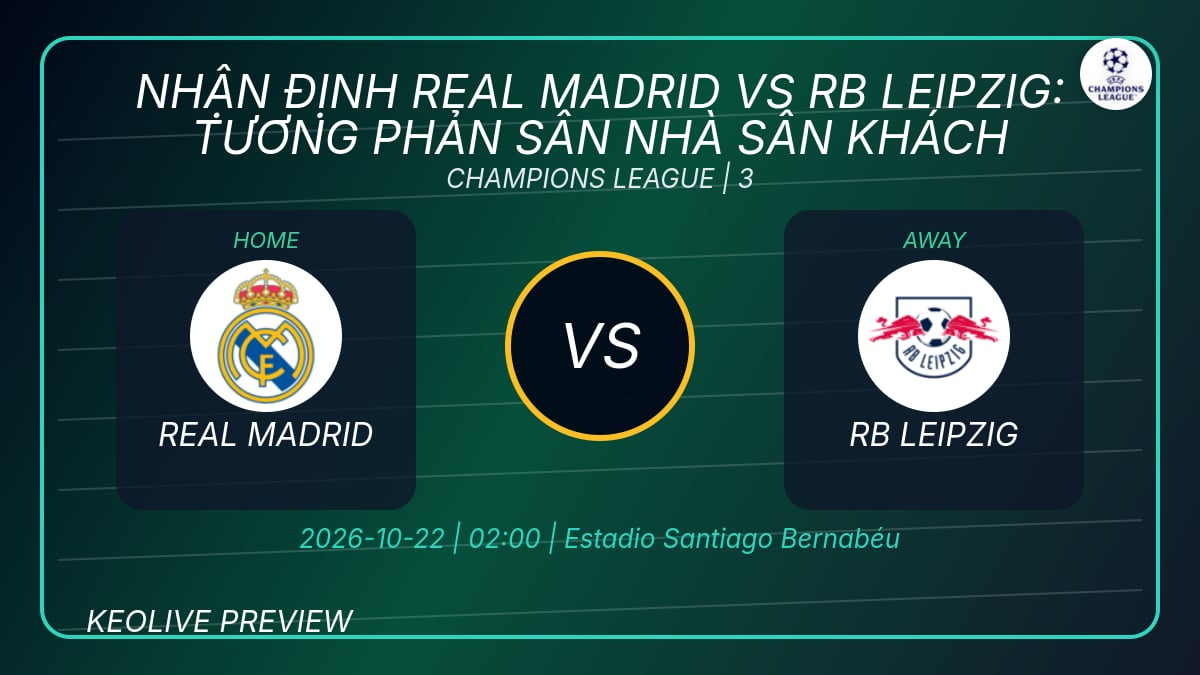 Nhận định Real Madrid vs RB Leipzig, 02h00 ngày 22/10: khác biệt lớn ở sân nhà và sân khách