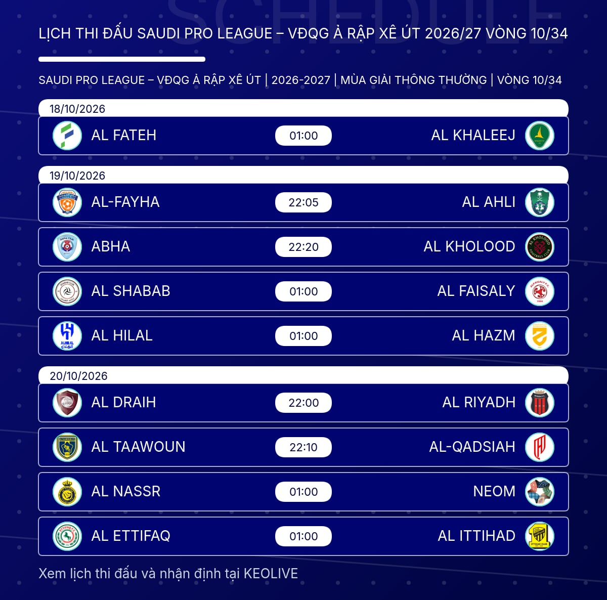 Hình ảnh minh họa cho bài viết Lịch thi đấu Saudi Pro League vòng 10 mùa 2026-27 mới