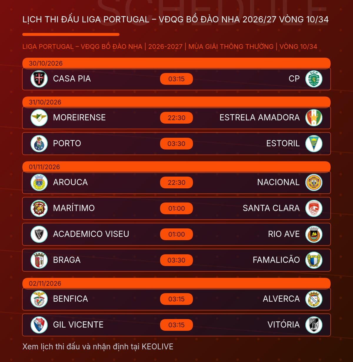 Hình ảnh cho bài Lịch thi đấu vòng 10 Liga Portugal 2026-2027 mới