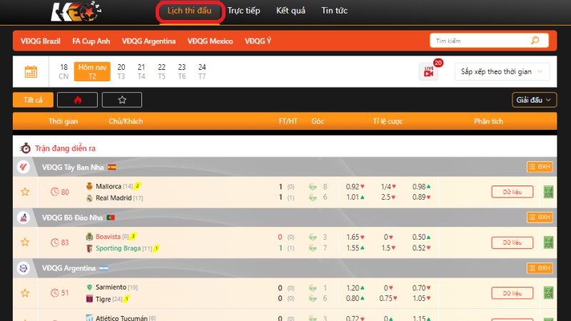 Tra cứu lịch thi đấu của trận đang quan tâm